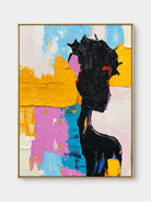 Hand-painted colorful impasto abstract woman wall art in black, yellow, pink and turquoise by Eleanor Hayes