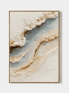 Hand-painted 3D textured ocean shoreline wall art in ivory, soft blue and sand tones by Leo Liang