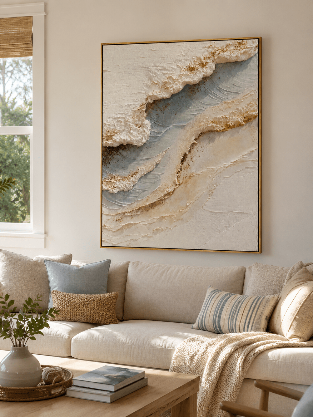 Textured ocean shoreline painting above a cream sofa in an organic modern living room