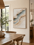 3D textured coastal abstract painting displayed in a warm open-plan dining room