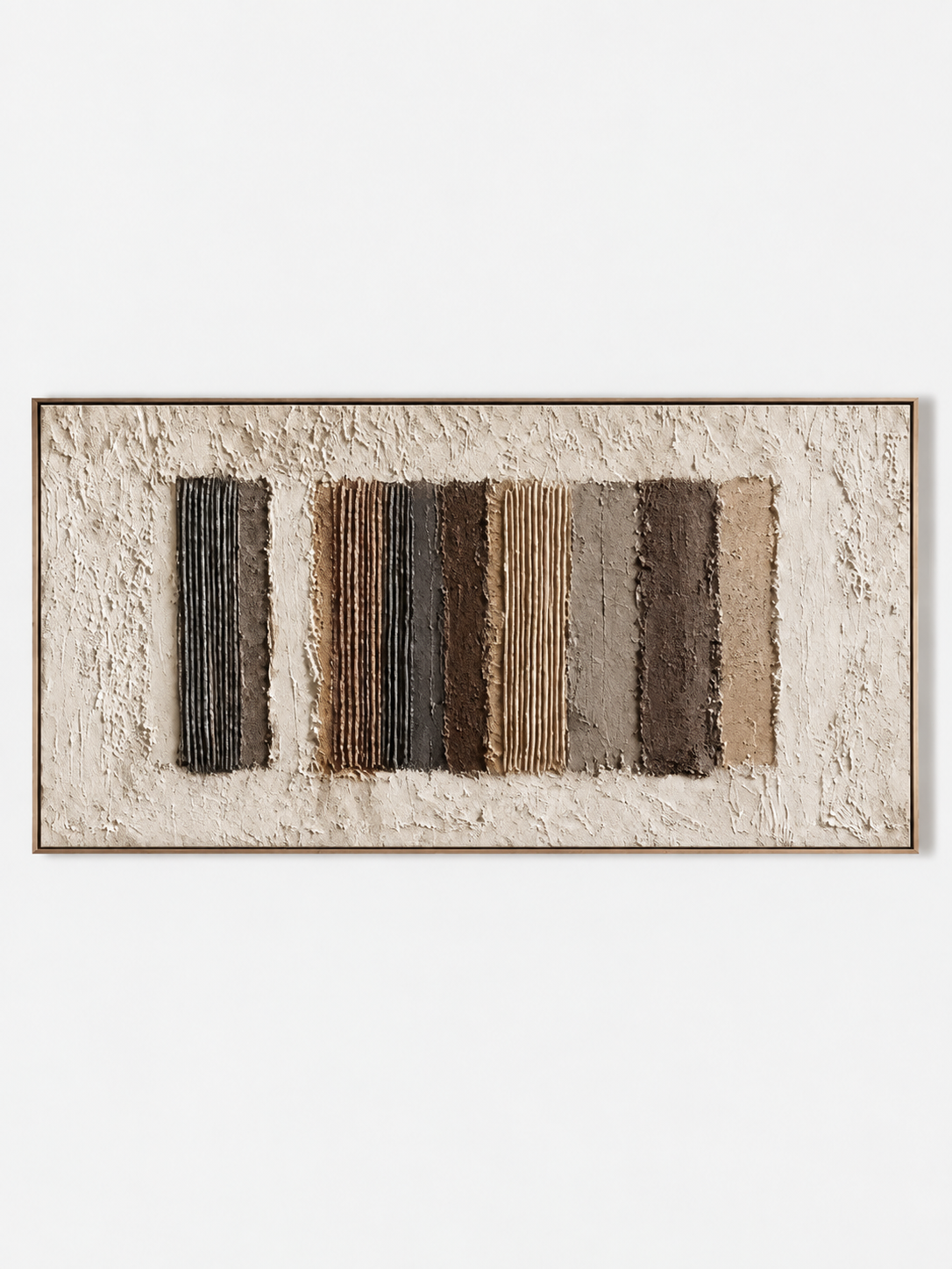 Hand-painted horizontal earth tone textured wall art with ivory brown taupe and charcoal geometric panels by Eliot Vermeer