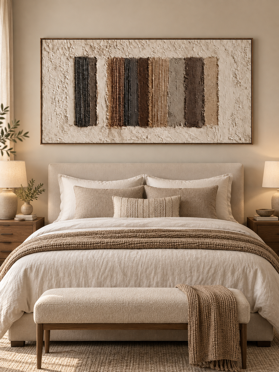 Horizontal earth tone wabi-sabi wall art displayed above the bed in a warm neutral modern bedroom