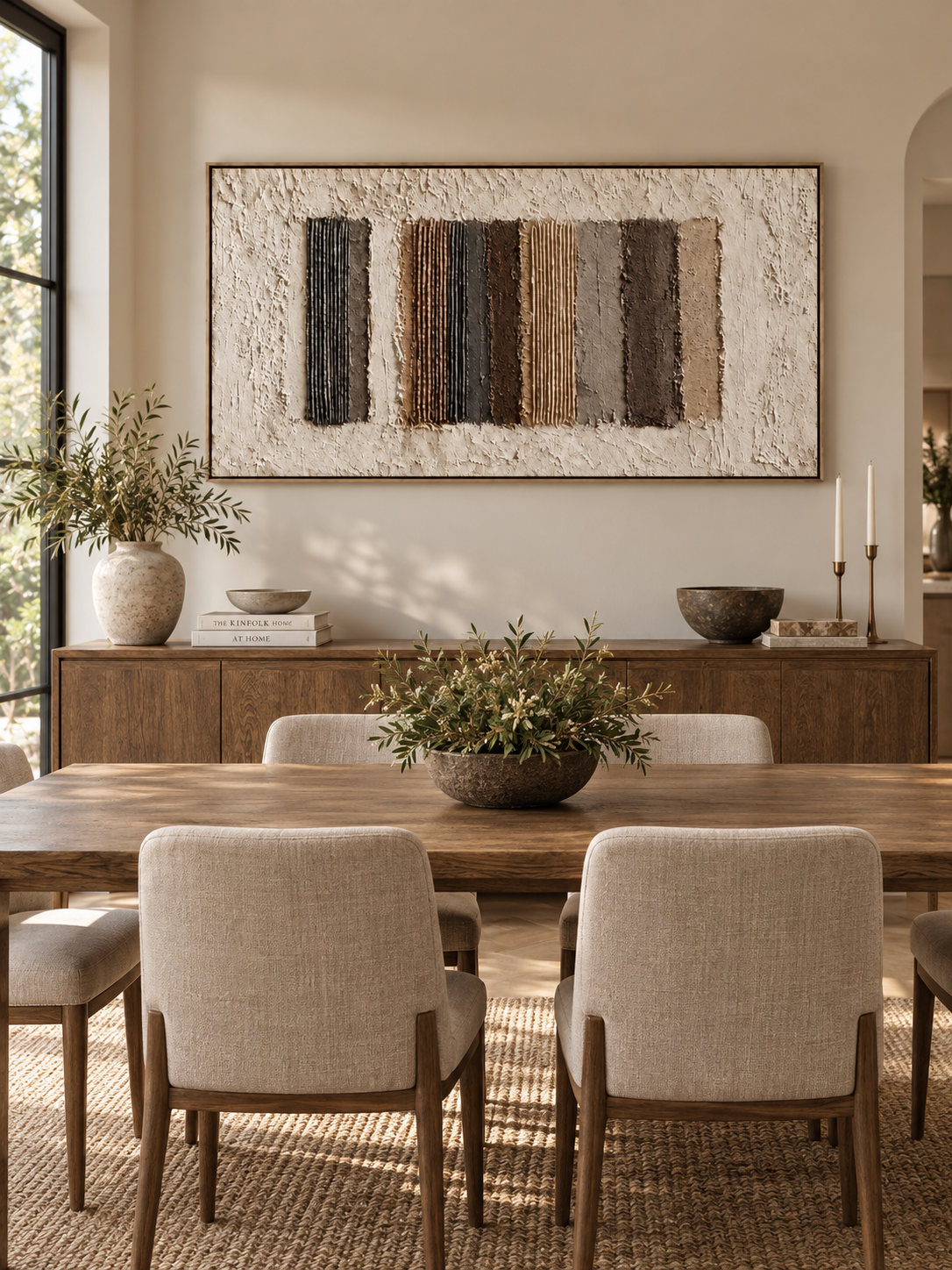 Large horizontal textured geometric wall art displayed in an open dining room with walnut and stone furniture