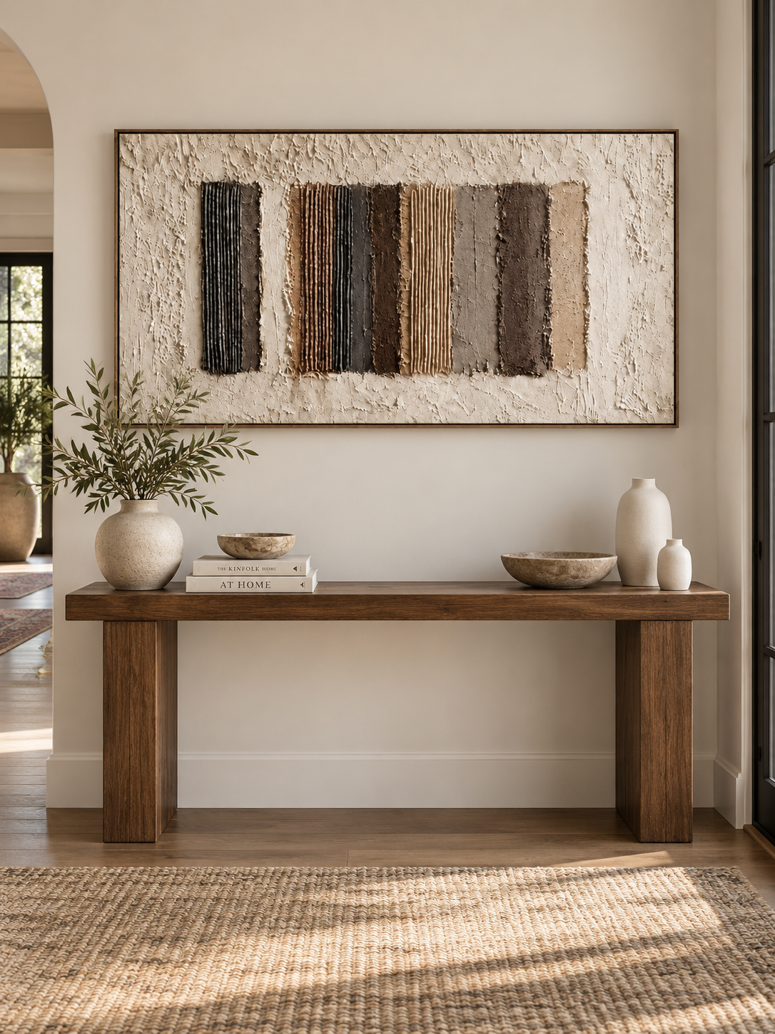 Wide neutral textured wall art in brown beige and ivory displayed above a long entryway console