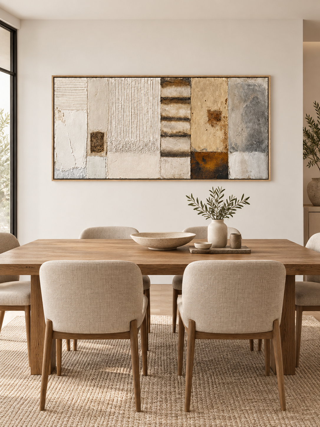 Large architectural textured wall art displayed in an open dining room with walnut and stone furniture