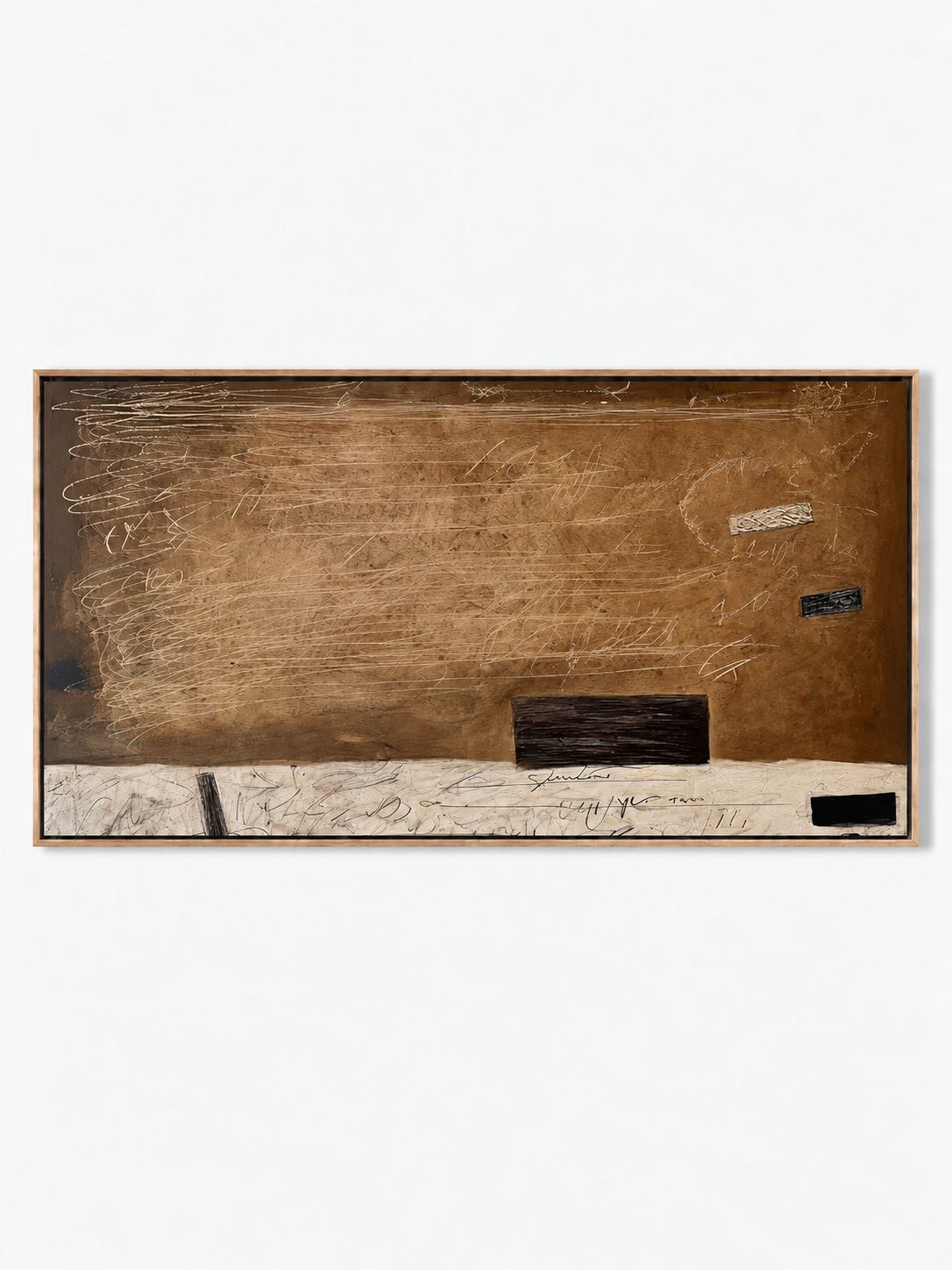 Hand-painted brown horizontal abstract wall art with caramel umber ivory tones and gestural marks by Akari Kobayashi