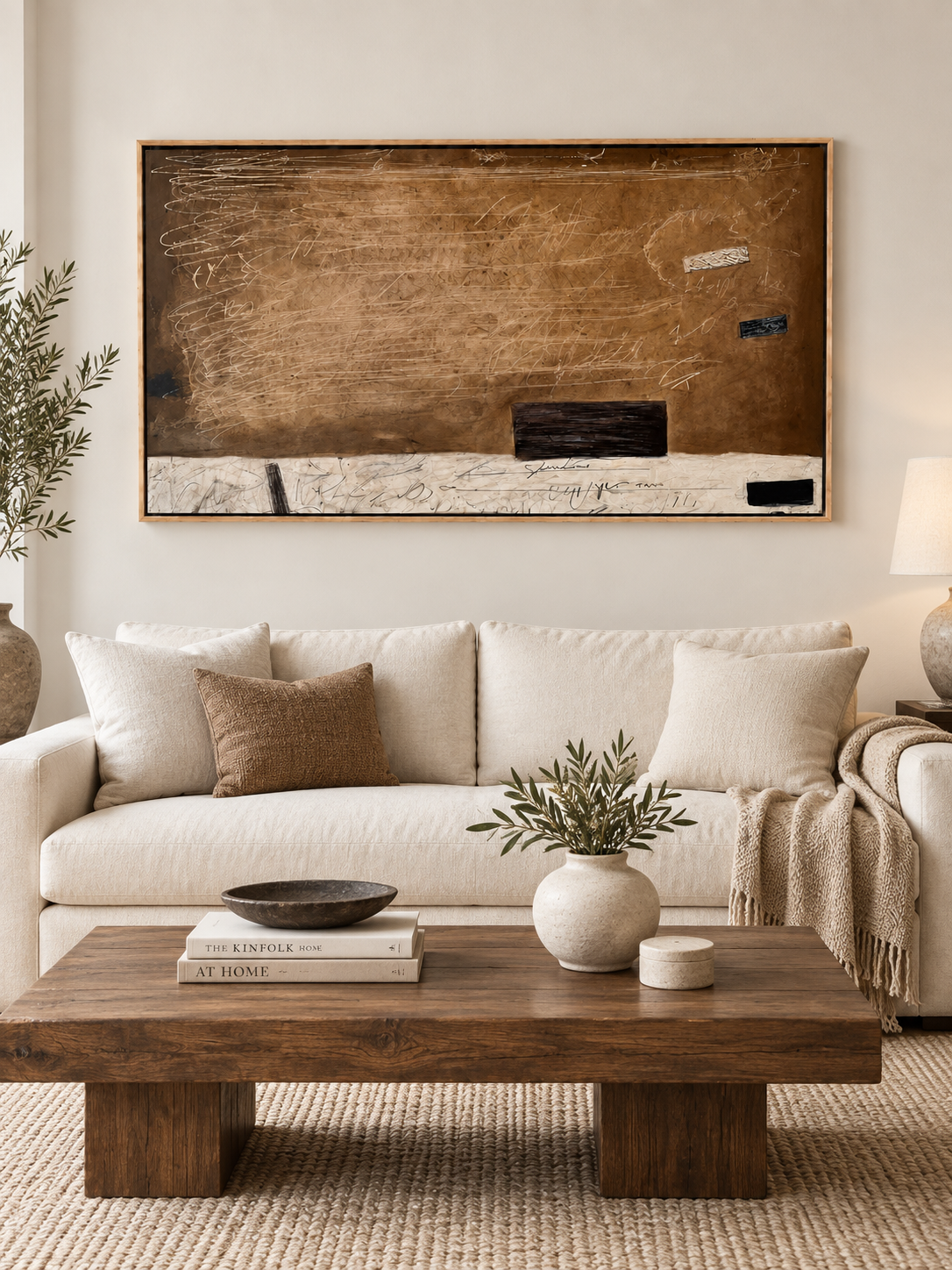 Large brown horizontal abstract wall art displayed above a cream sofa in an organic modern living room