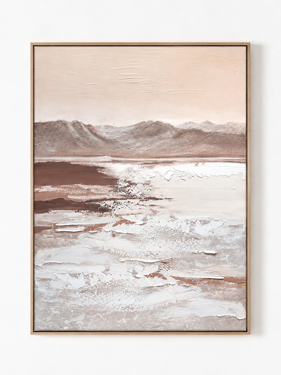 Hand-painted vertical neutral mountain landscape wall art in ivory blush beige and taupe by Evelyn Li