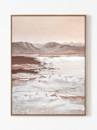 Hand-painted vertical neutral mountain landscape wall art in ivory blush beige and taupe by Evelyn Li