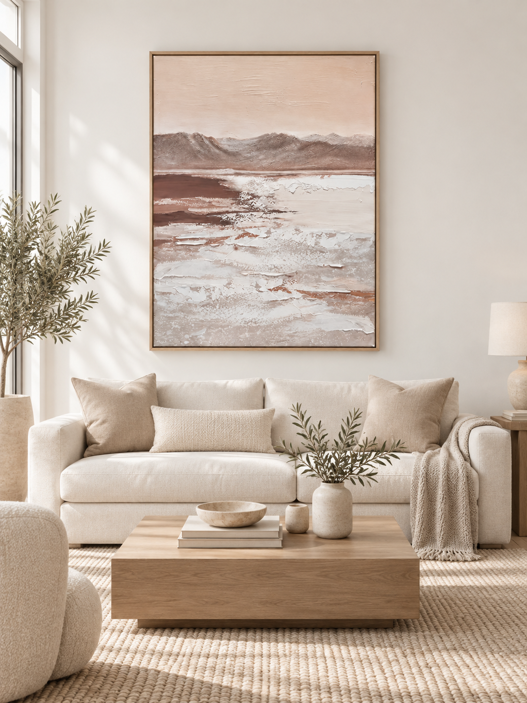 Vertical taupe mountain wall art displayed in a warm neutral organic modern living room