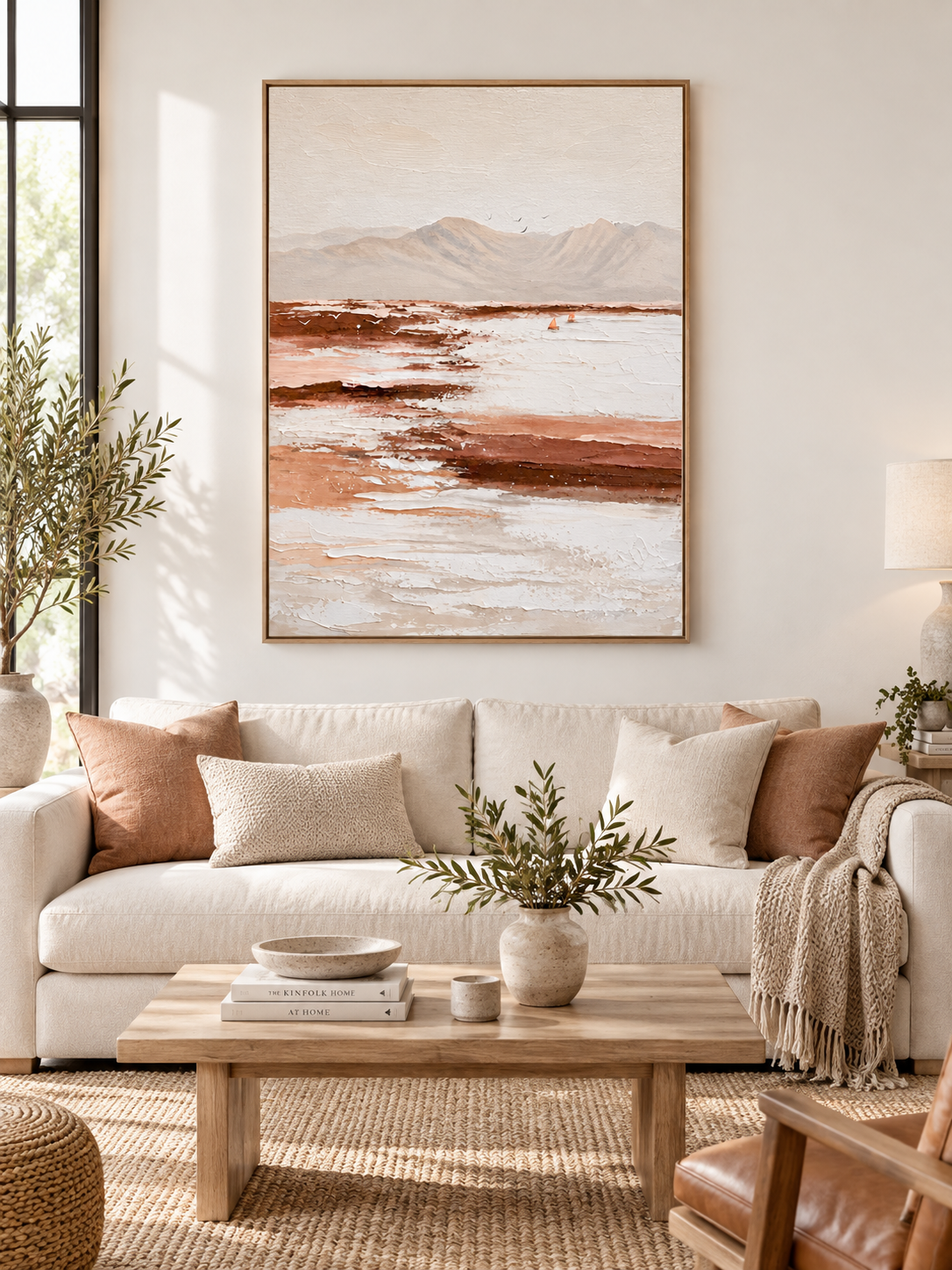 Large vertical terracotta mountain wall art displayed in a warm neutral organic modern living room