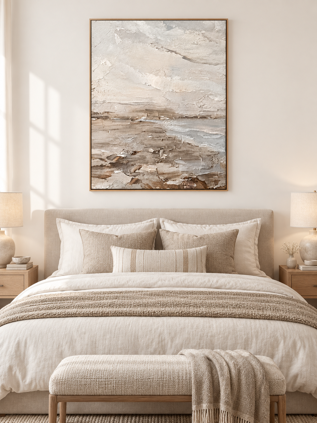 Ivory and taupe textured seascape painting displayed above a dresser in a warm neutral bedroom