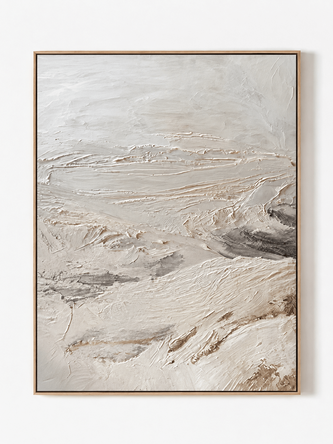 Hand-painted minimalist textured abstract landscape painting in ivory, beige and taupe by Evelyn Li on a white background