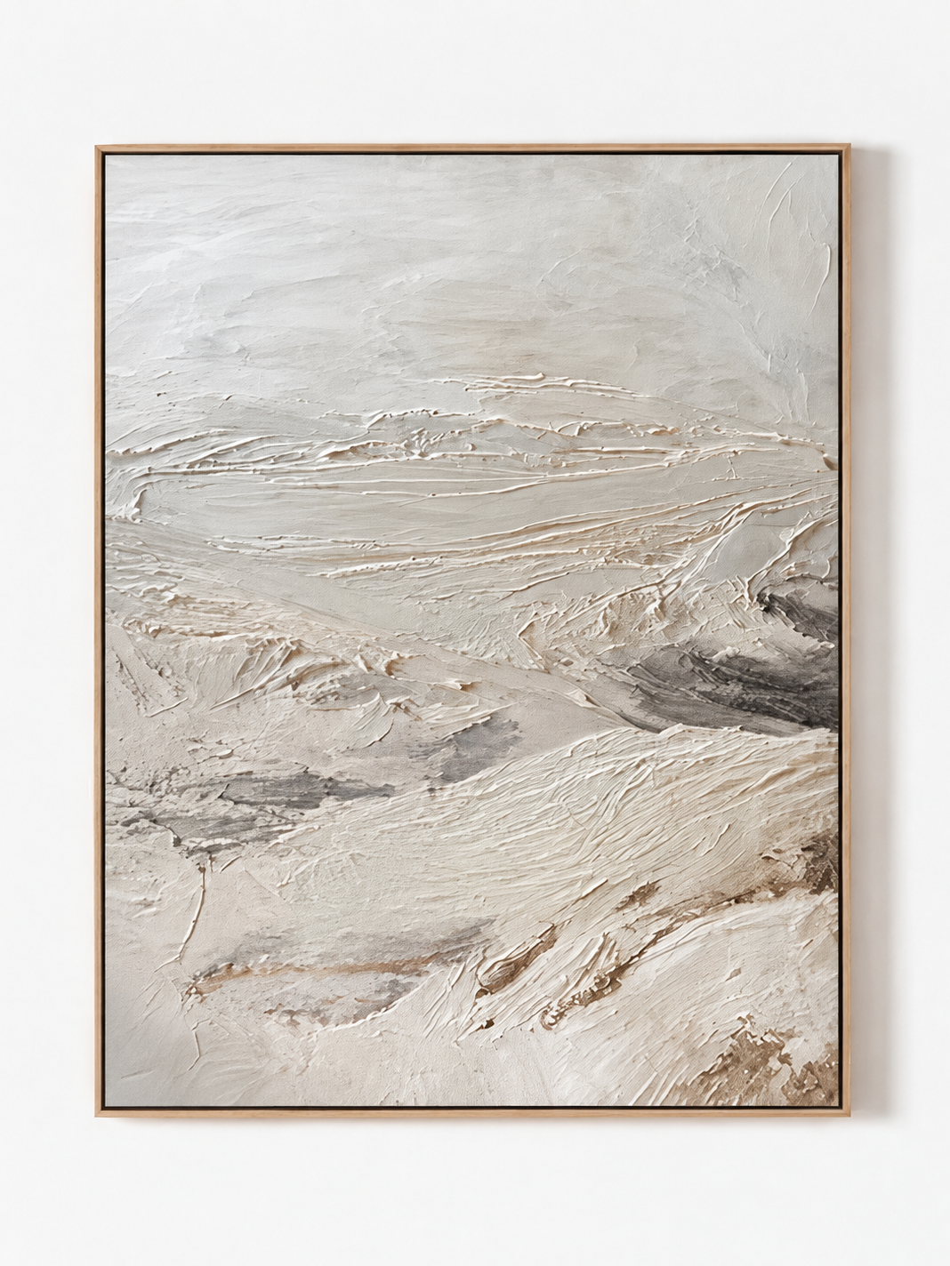 Hand-painted minimalist textured abstract landscape painting in ivory, beige and taupe by Evelyn Li on a white background