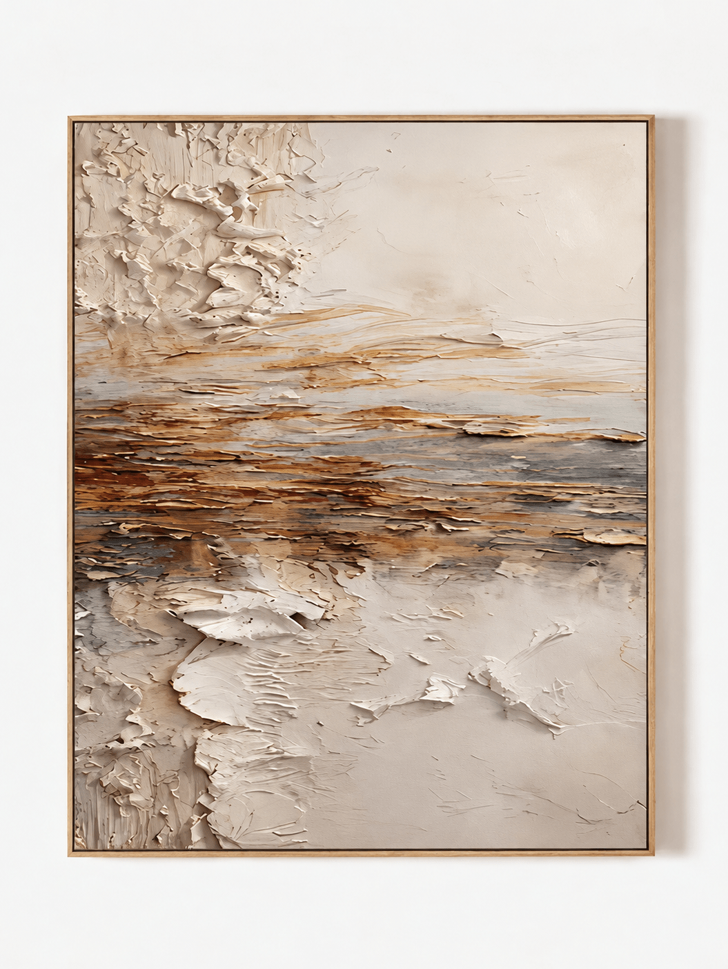 Hand-painted modern organic textured abstract landscape painting in ivory, beige and earthy brown by Evelyn Li