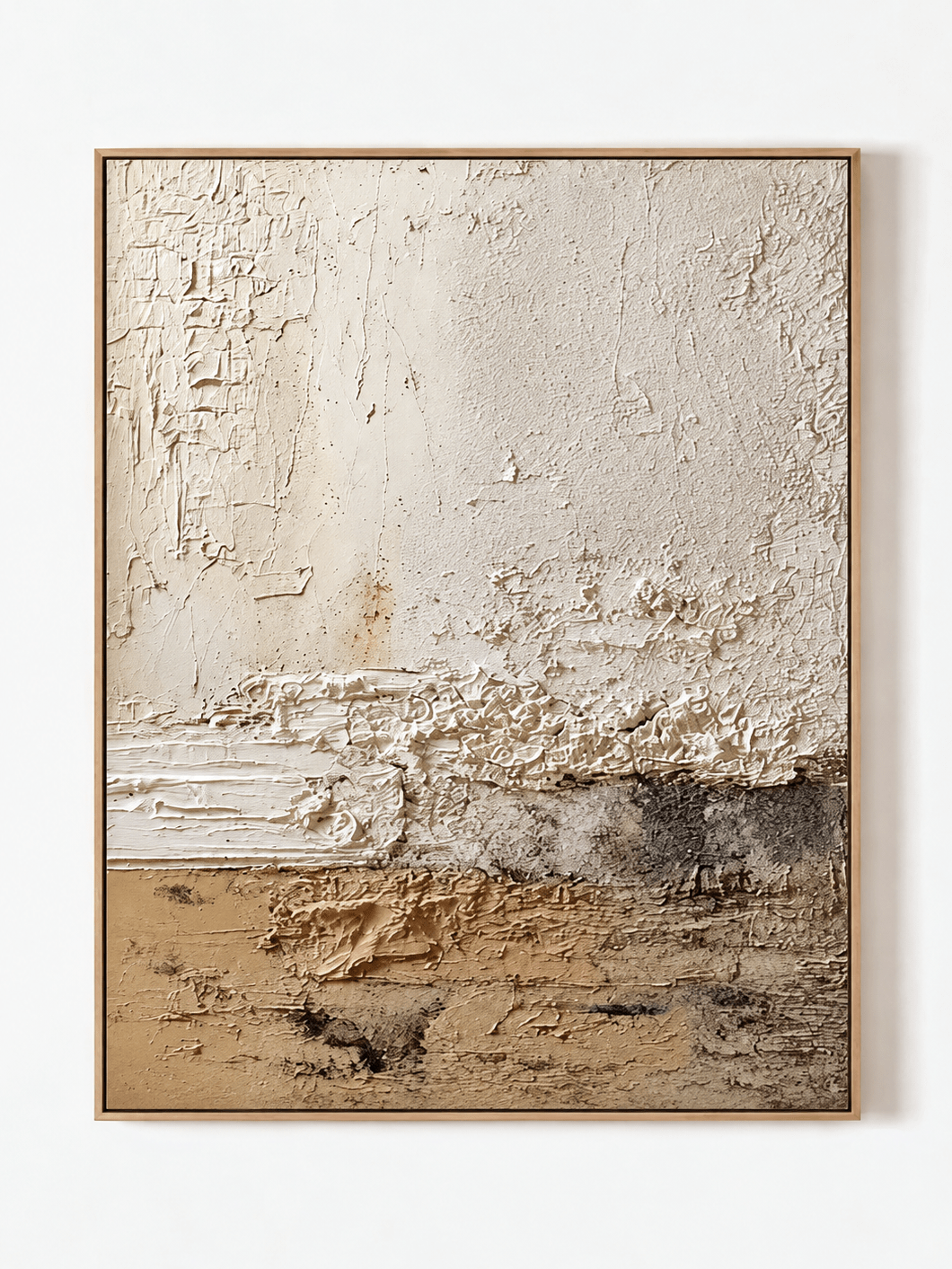 Hand-painted Wabi Sabi textured abstract landscape painting in ivory, beige, taupe and charcoal by Evelyn Li