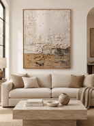 Large Wabi Sabi textured abstract wall art displayed above a sofa in a warm neutral modern living room