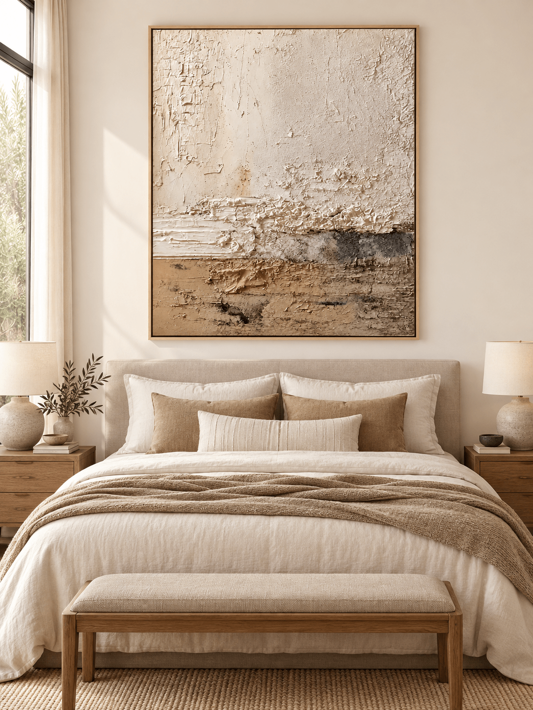 Neutral beige textured abstract painting displayed above a bed in a minimalist Wabi Sabi bedroom