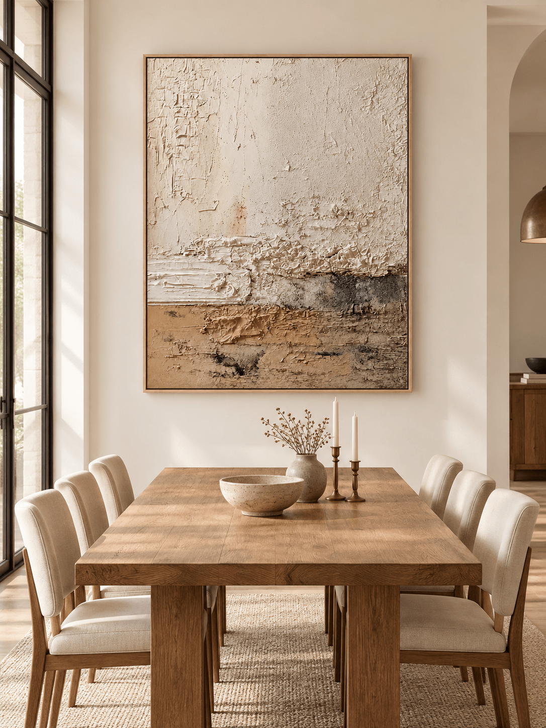 Hand-painted neutral textured landscape wall art displayed in a modern organic open-plan dining room
