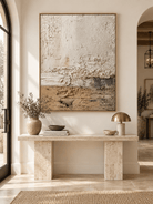 Vertical Wabi Sabi textured wall art displayed above an entryway console in a neutral contemporary interior