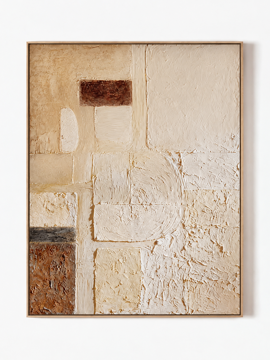 Hand-painted modern organic textured geometric abstract painting in cream, beige and brown by Eliot Vermeer