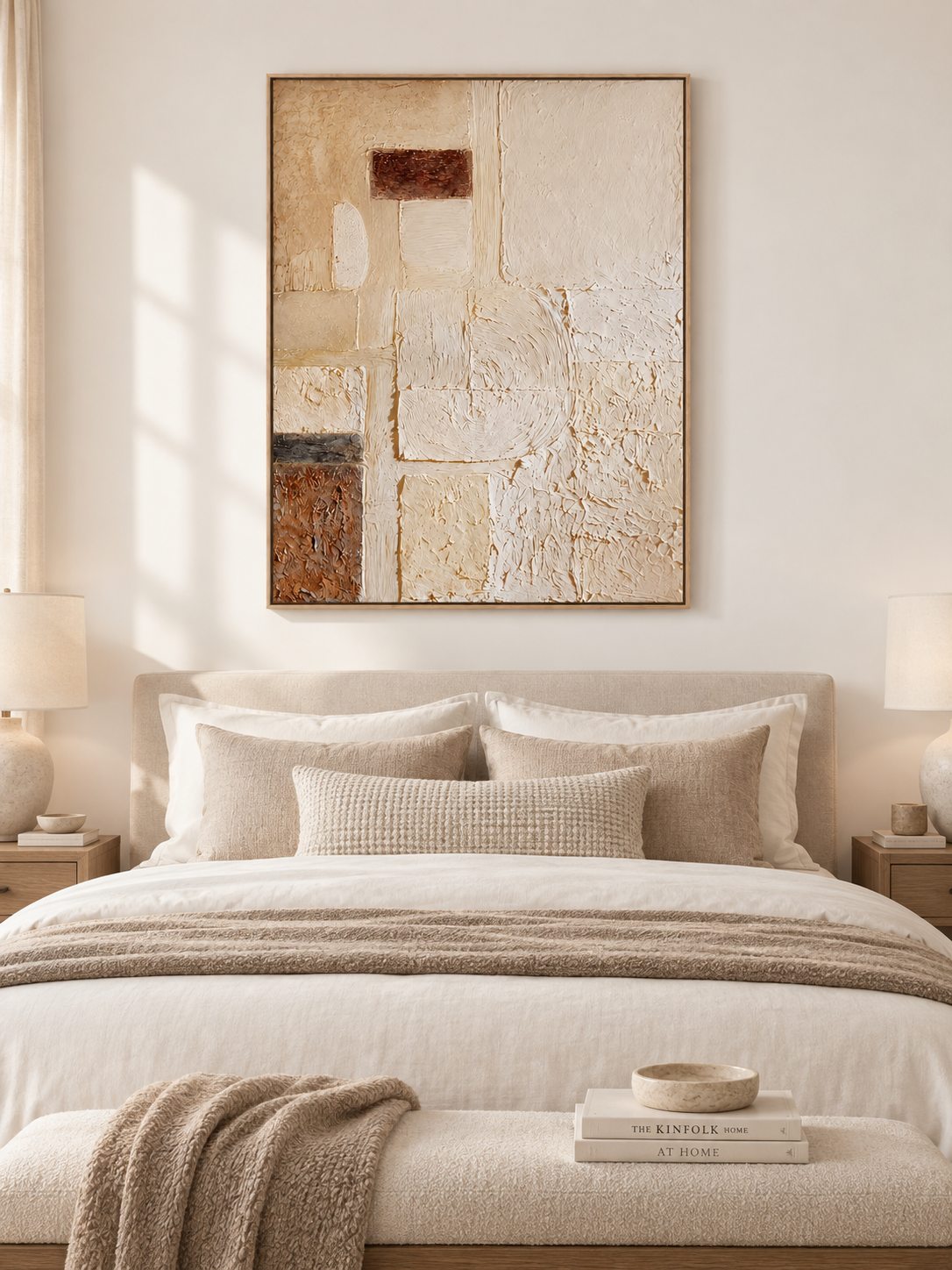 Beige and brown textured abstract painting displayed above a bed in a warm minimalist modern bedroom