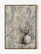Hand-painted Wabi Sabi textured floral still life painting with a neutral vase and branches by Eliot Vermeer