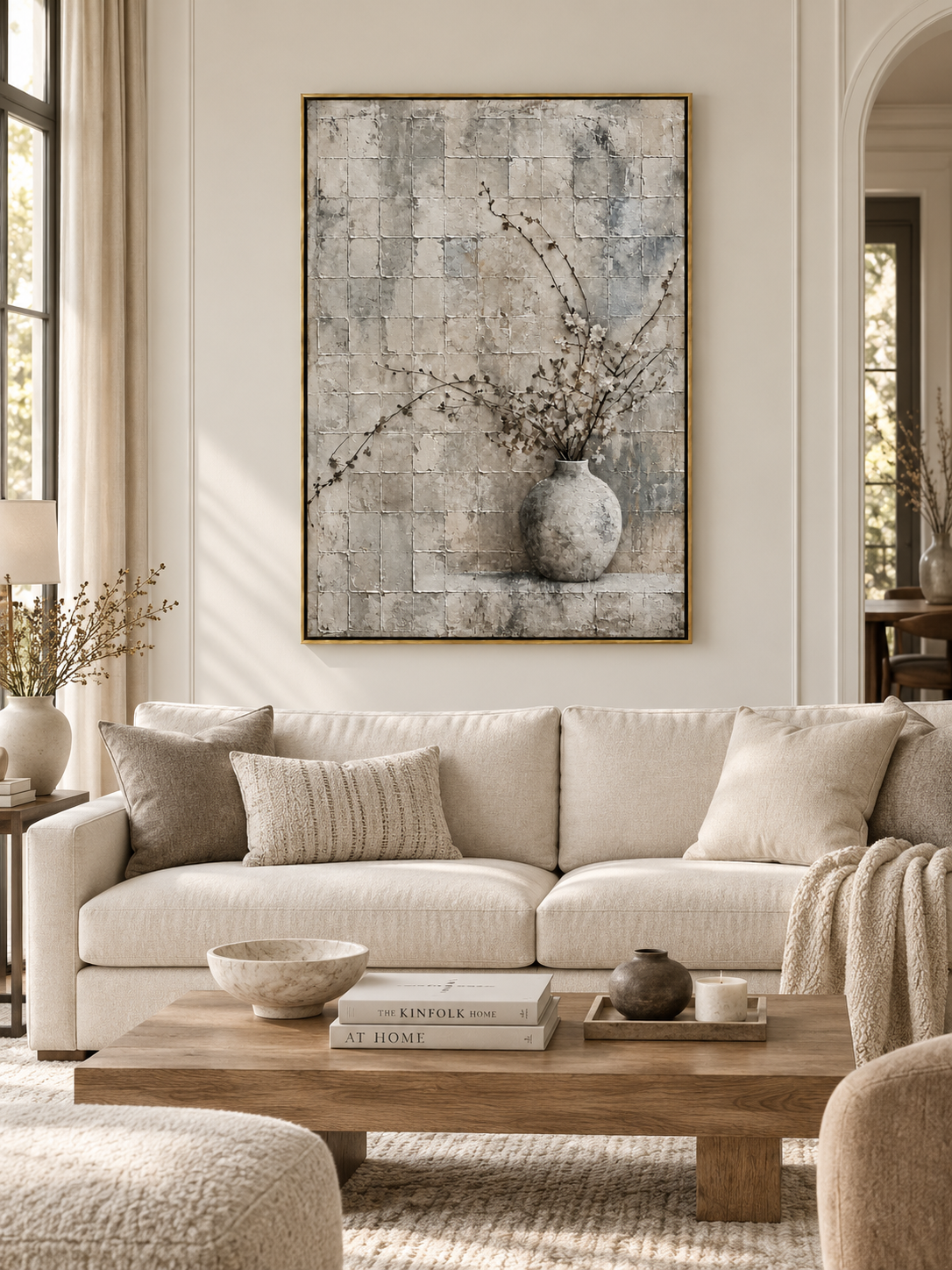 Large neutral textured floral wall art displayed above a sofa in a warm modern organic living room
