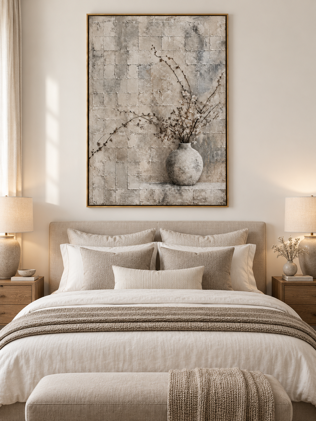 Neutral botanical vase painting displayed above a bed in a calming Japandi style bedroom