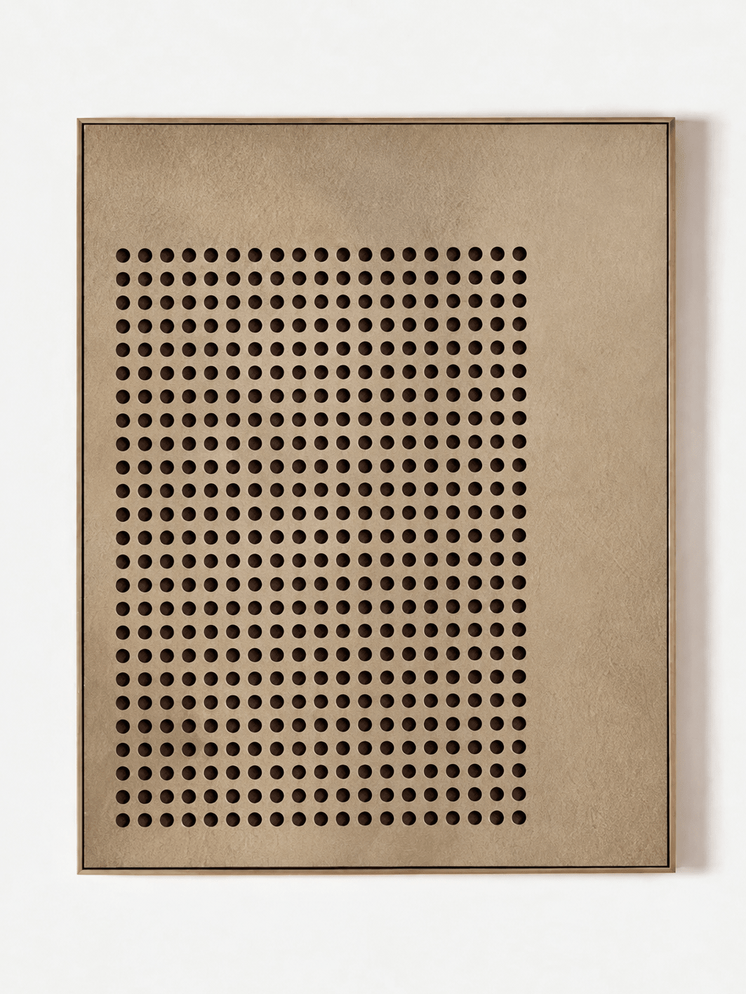 Hand-painted minimalist geometric dot grid painting in warm beige and dark brown by Eliot Vermeer