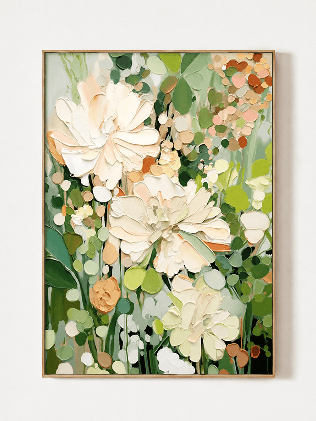 Hand-painted textured floral wall art with ivory flowers and sage green botanical details by Luna Xiao
