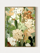 Hand-painted textured botanical wall art with cream flowers, sage green leaves and terracotta accents by Luna Xiao