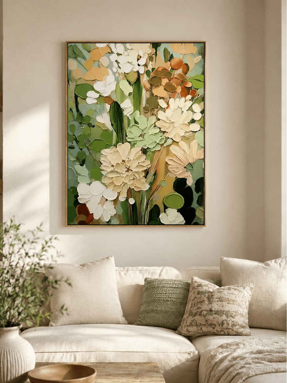 Large sage green botanical wall art displayed in a modern living room with beige and cream furniture