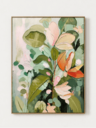 Hand-painted abstract botanical wall art with sage green leaves, blush pink and coral flowers by Luna Xiao
