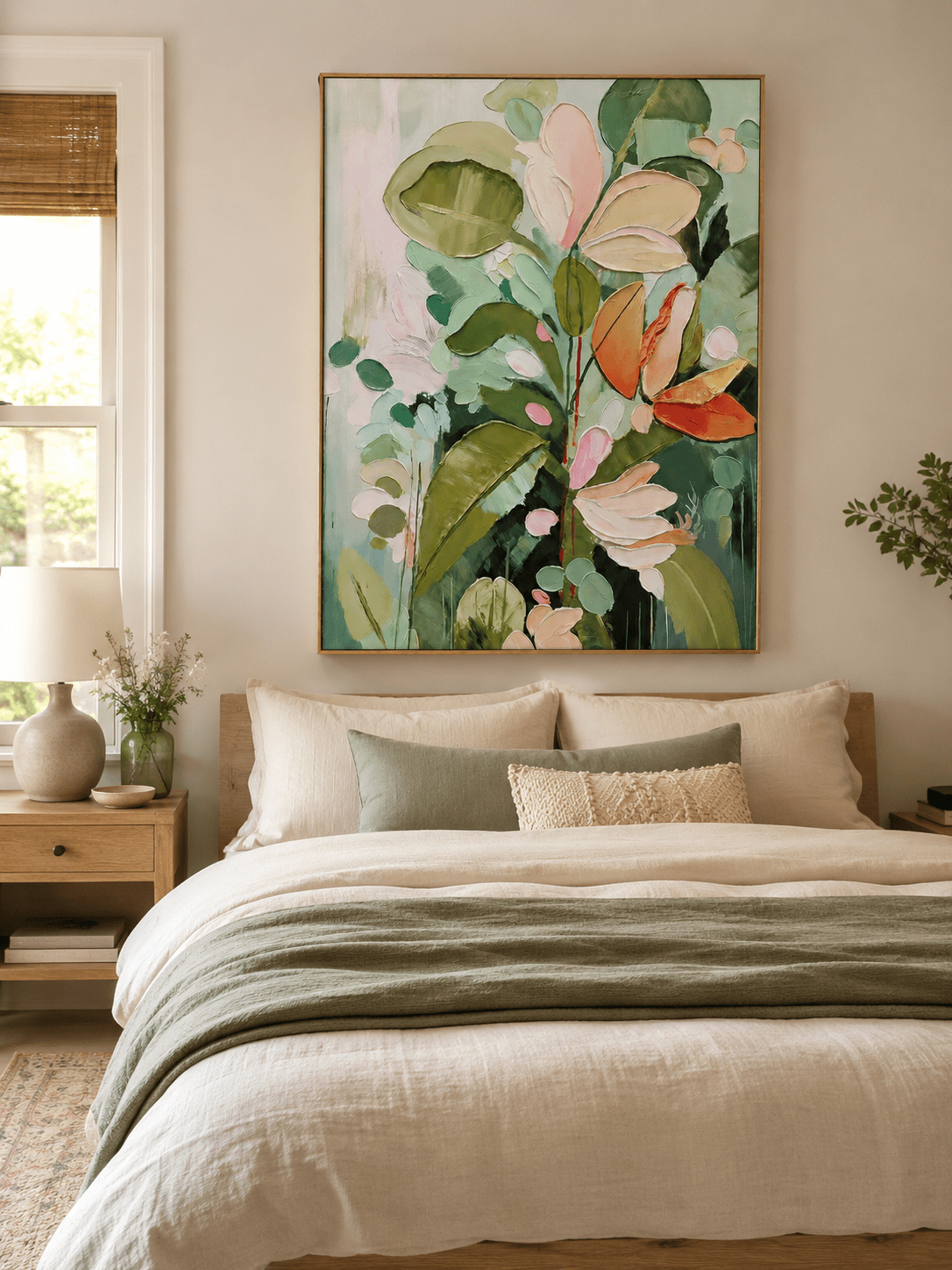 Textured blush pink and sage green floral painting displayed in a warm neutral contemporary bedroom