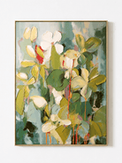 Hand-painted textured botanical wall art with layered green leaves, cream flowers and orange accents by Luna Xiao
