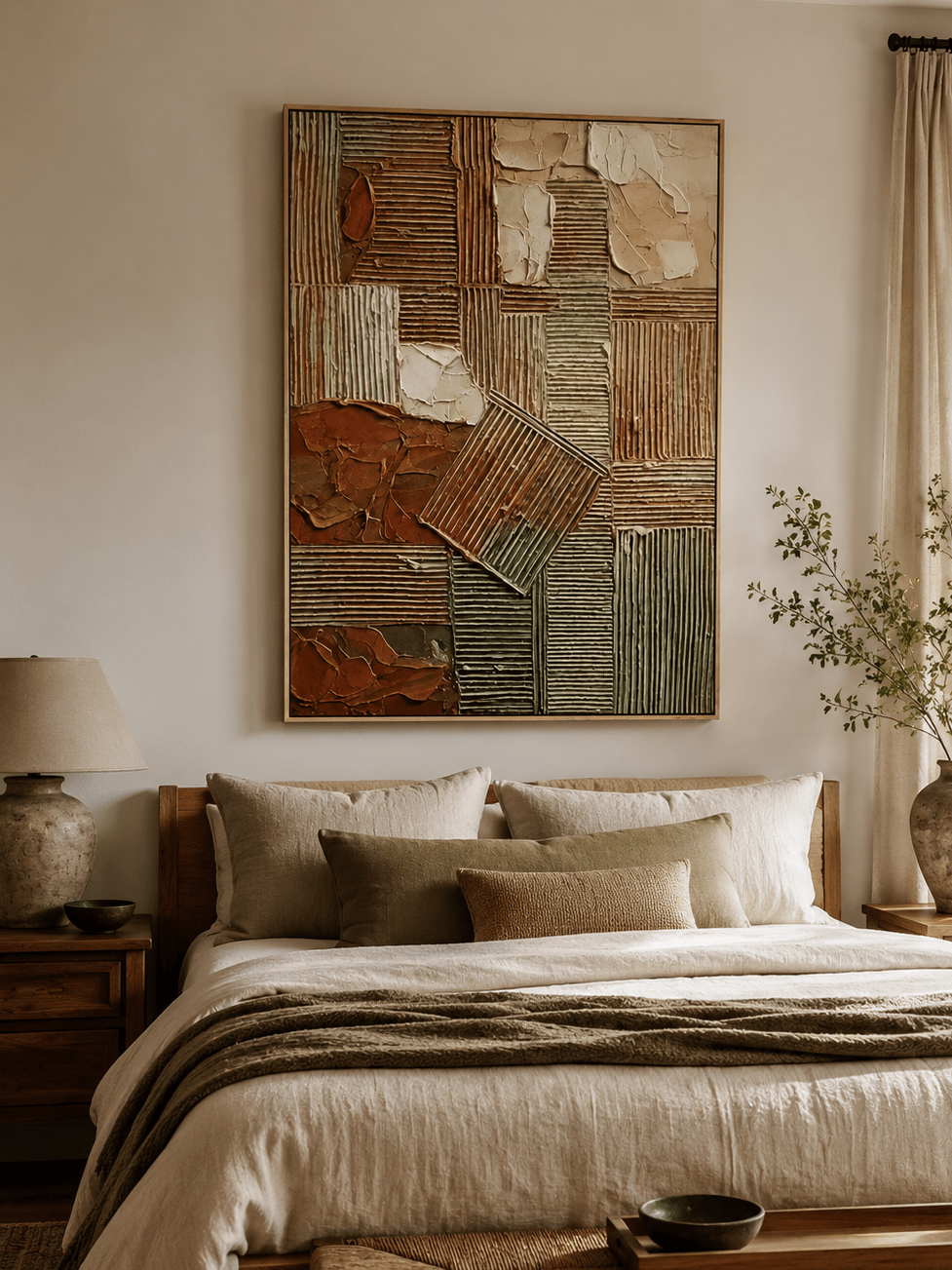 Earth tone wabi-sabi geometric painting displayed in a minimalist bedroom with cream and natural wood decor