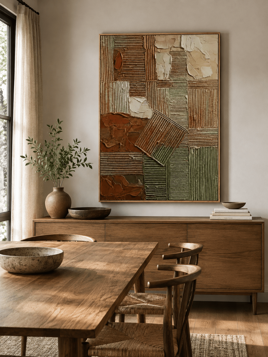 Textured terracotta and olive geometric wall art displayed in an organic modern open dining room