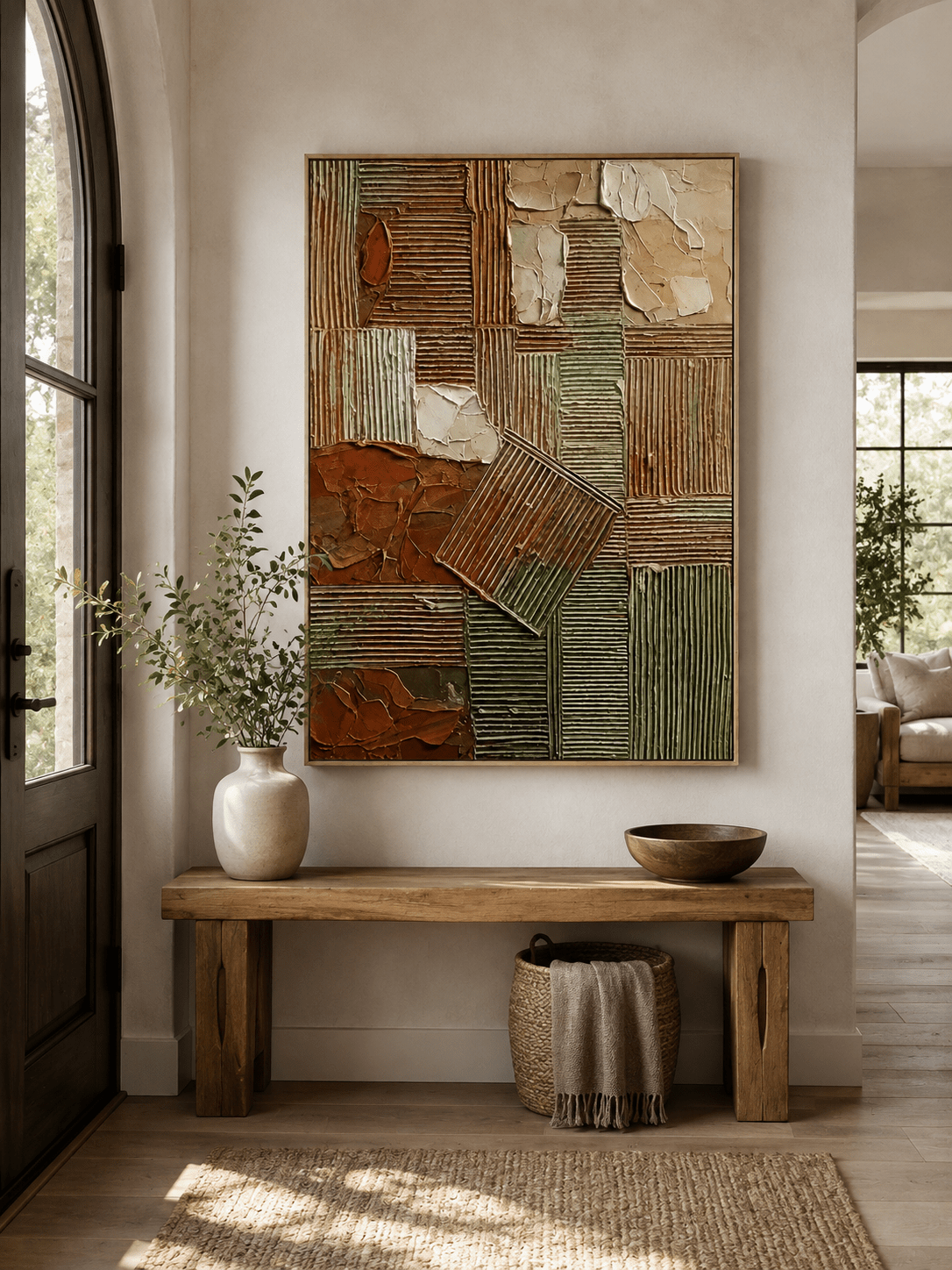 Vertical textured geometric wall art displayed above an entryway console in a wabi-sabi modern interior