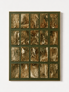Hand-painted olive green and gold textured geometric wall art with a grid composition by Eliot Vermeer