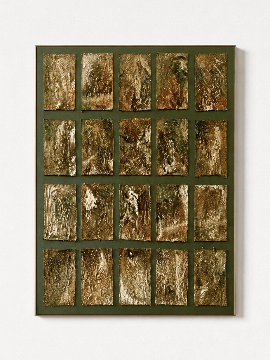 Hand-painted olive green and gold textured geometric wall art with a grid composition by Eliot Vermeer