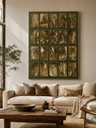 Large olive green and gold geometric wall art displayed in a modern living room with beige neutral furniture