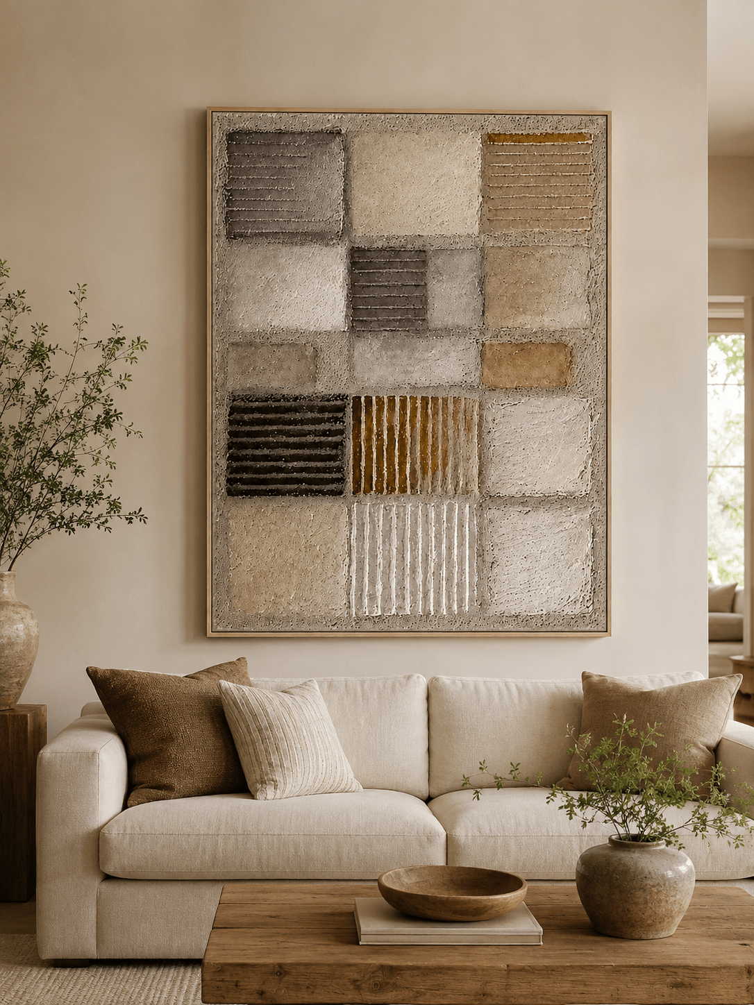 Large neutral textured geometric wall art displayed above a beige sofa in an organic modern living room
