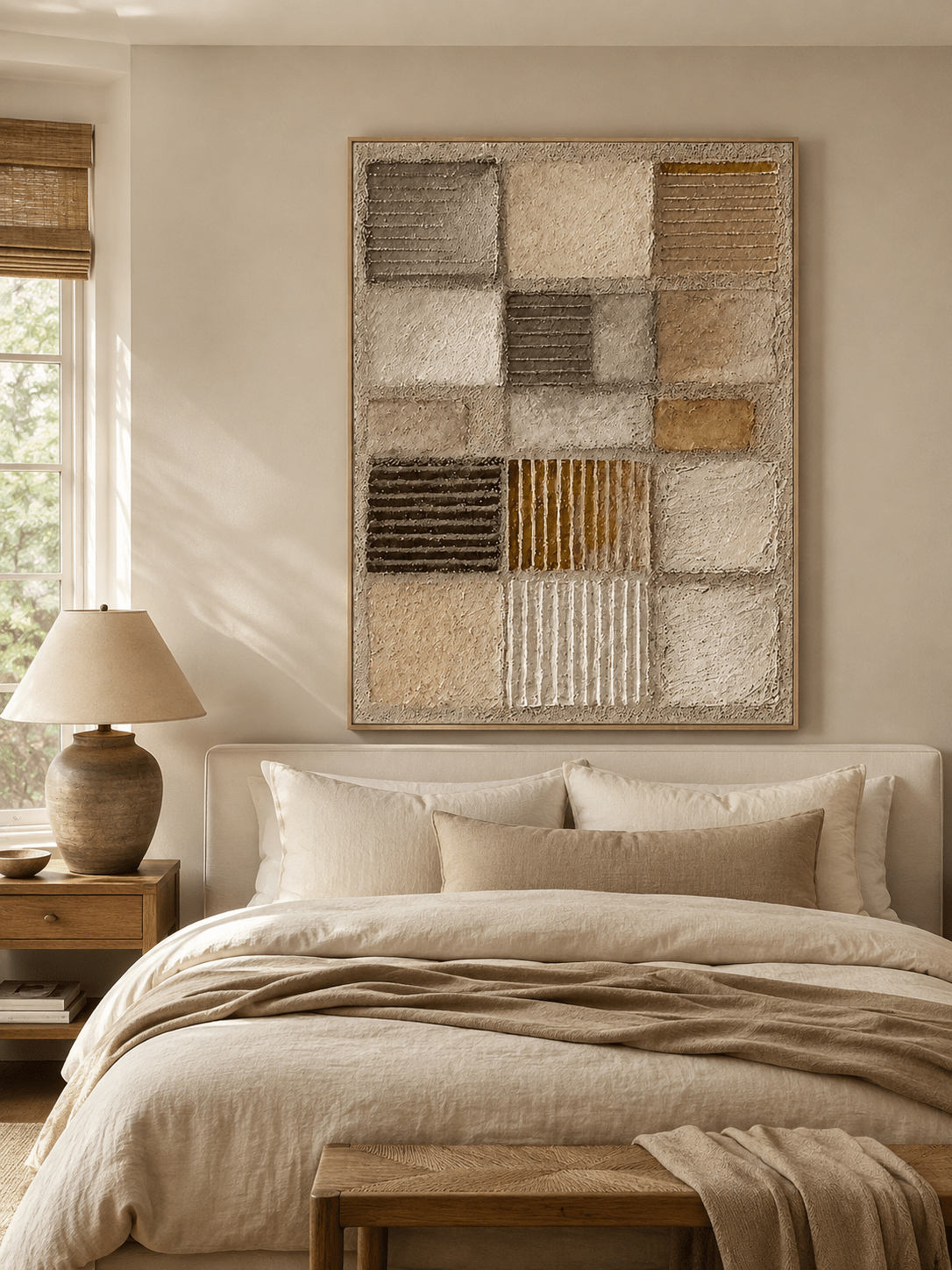 Beige wabi-sabi textured abstract painting displayed in a warm minimalist bedroom with natural wood furniture