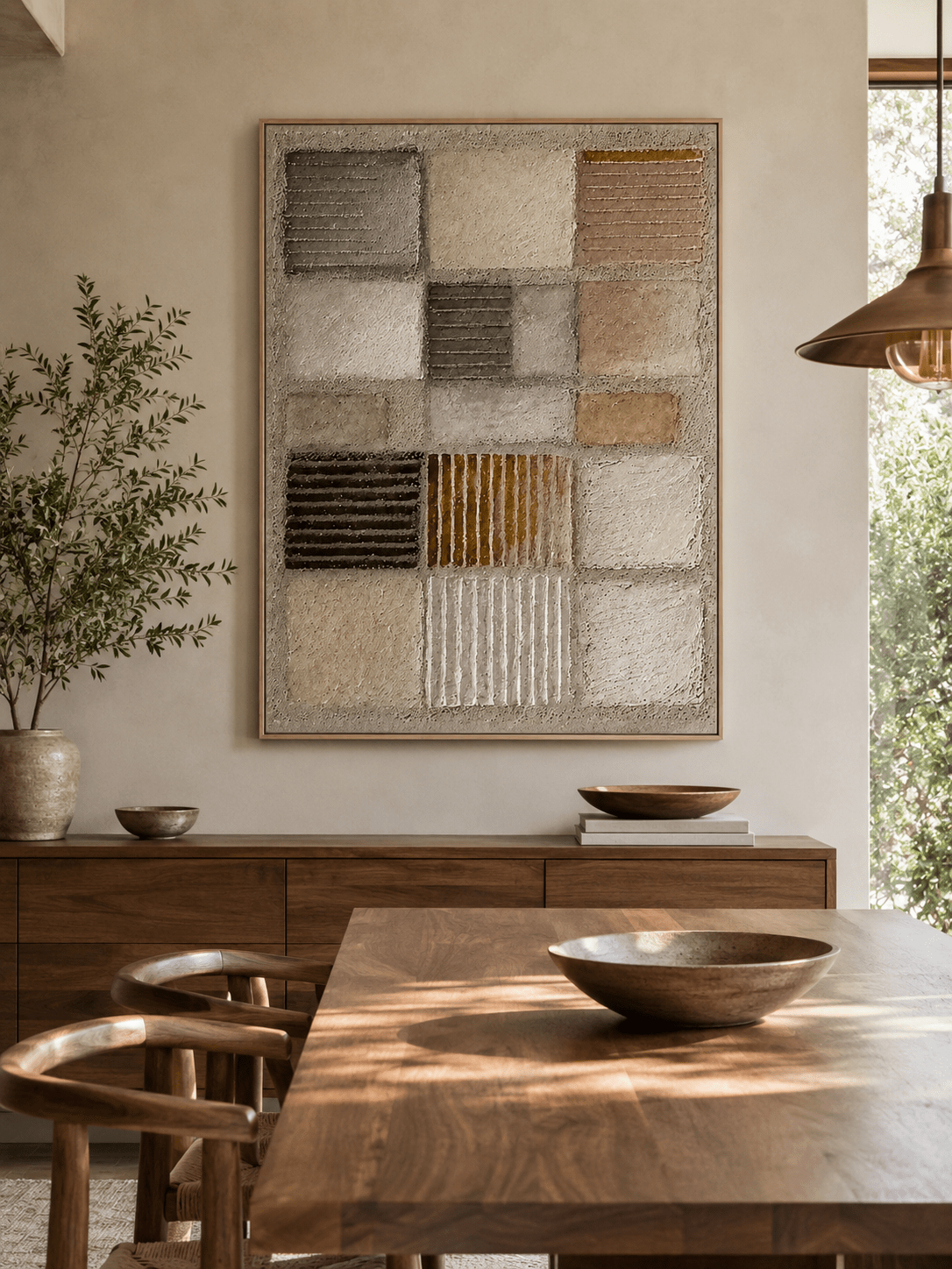Neutral geometric relief wall art displayed in an organic modern open dining room with wood and stone furniture
