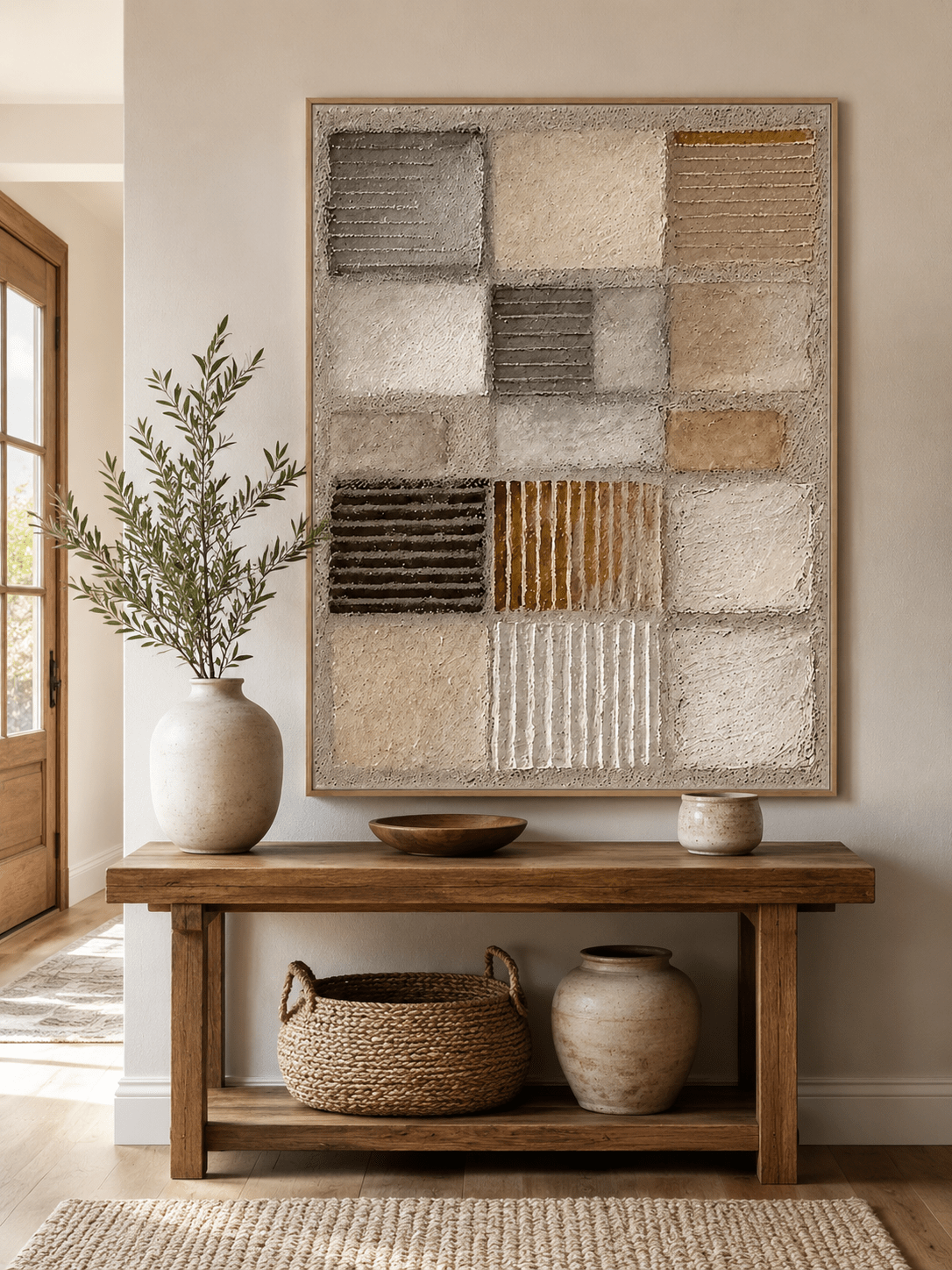 Vertical neutral textured wall art displayed above an entryway console in a Japandi-inspired interior