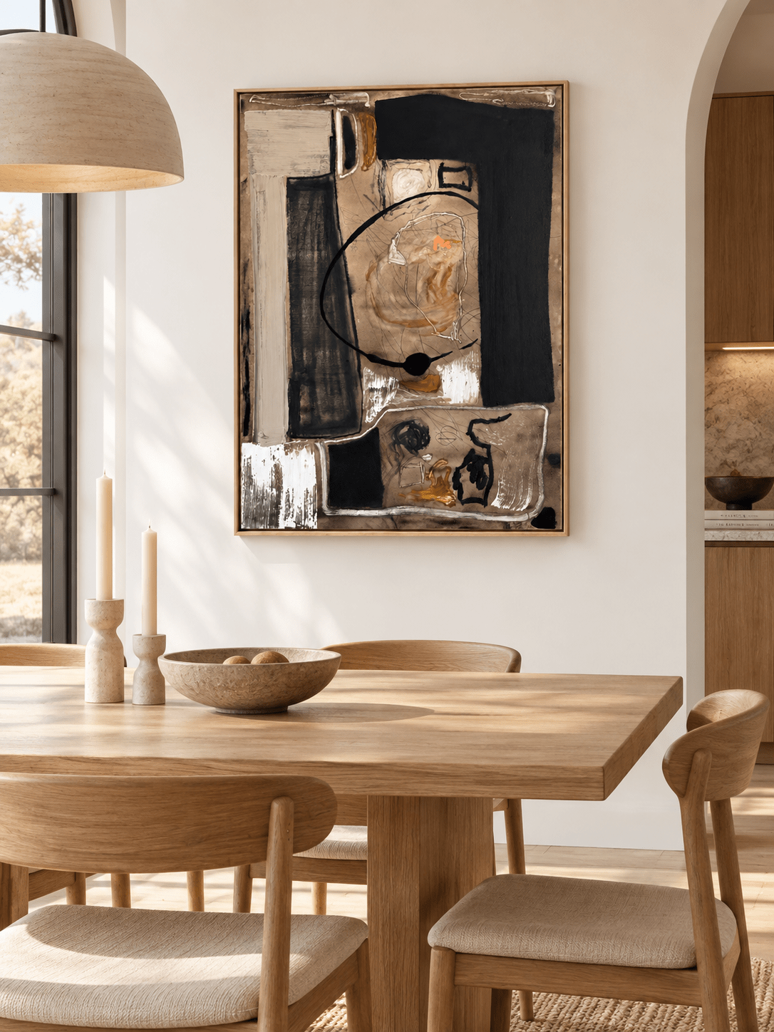 Hand-painted contemporary abstract wall art in earthy neutrals displayed in an open-plan dining room