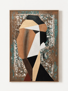 Hand-painted modern cubist woman portrait in terracotta, black and muted teal by Seraphina Rose