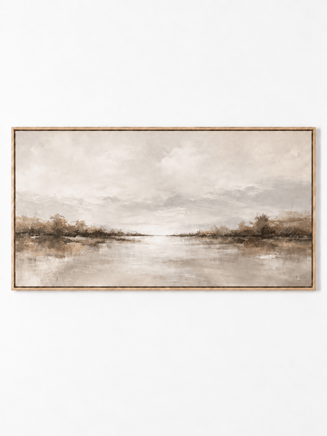 Hand-painted panoramic misty lake landscape painting in ivory, beige and taupe by Evelyn Li