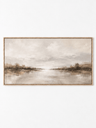 Hand-painted panoramic misty lake landscape painting in ivory, beige and taupe by Evelyn Li